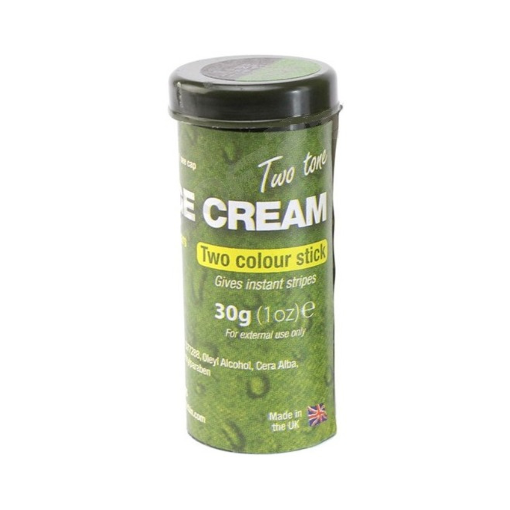 Tube de camouflage BCB 30g en deux couleurs noir et vert, offrant une protection solaire et un répulsif contre les piqûres d'insectes