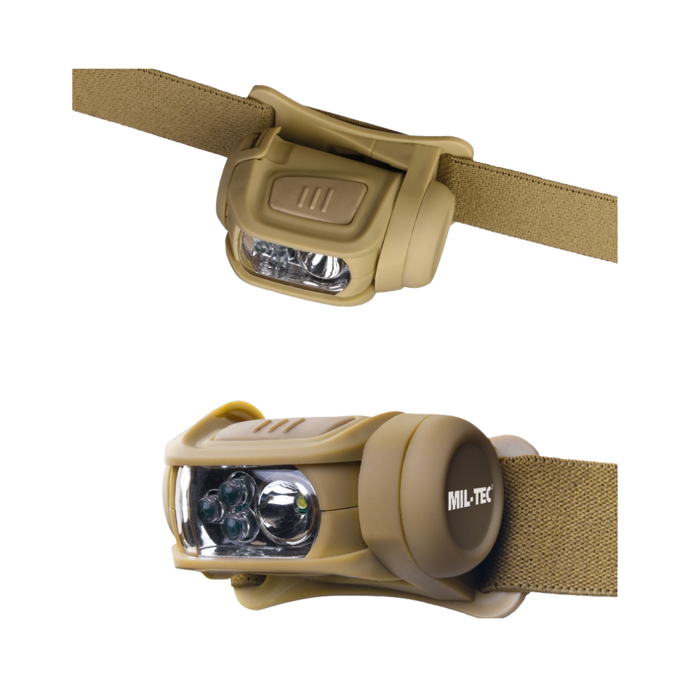 Lampe frontale LED 4 de Mil-Tec, légère et réglable avec un rayon lumineux de 10m et une intensité de 65 lumens, disponible avec des LED de couleurs différentes et vend