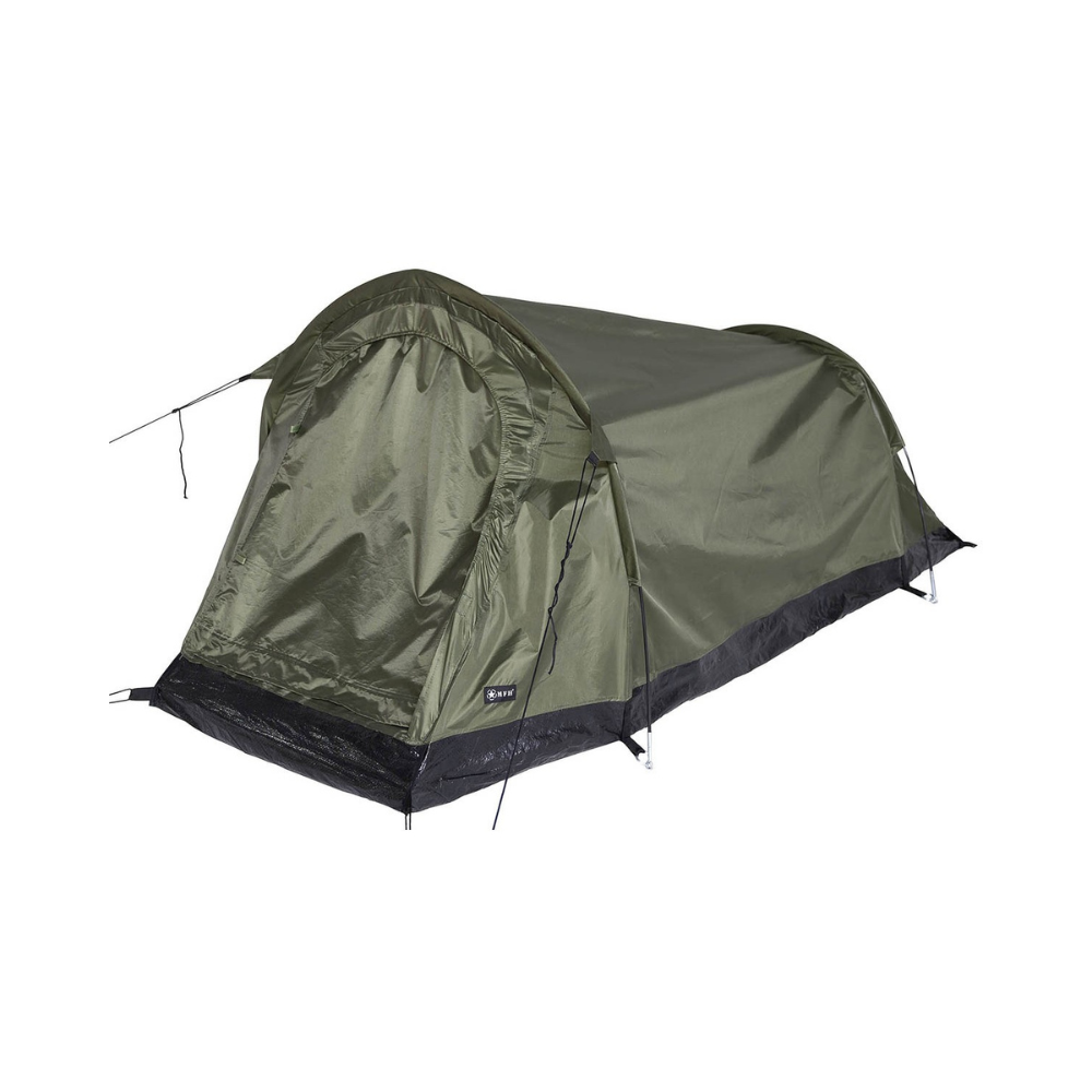 Alt tag: Tente tunnel vert olive pour 2 personnes de MFH, imperméable avec moustiquaire et sardines en acier incluses