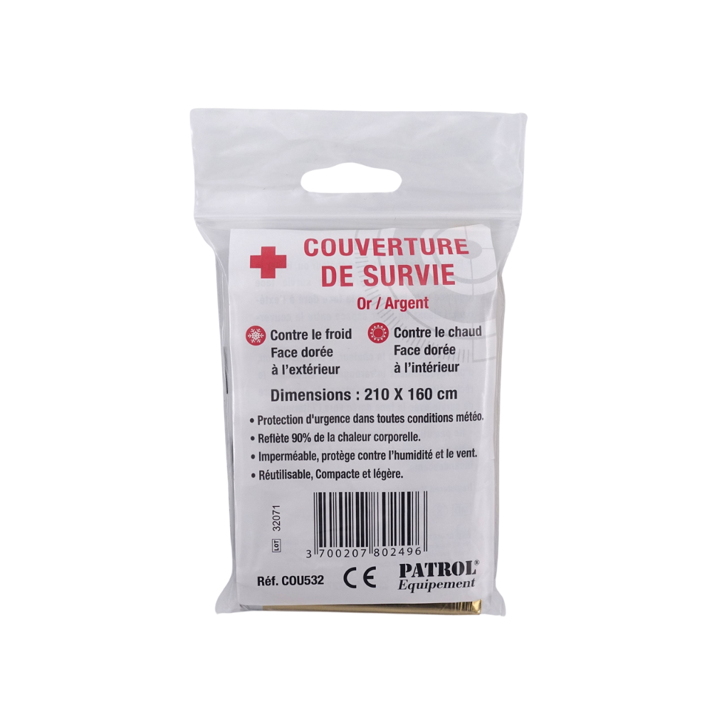 Alt tag : Couverture de survie isotherme OPEX, protection d'urgence contre le froid et la chaleur, imperméable et réutilisable