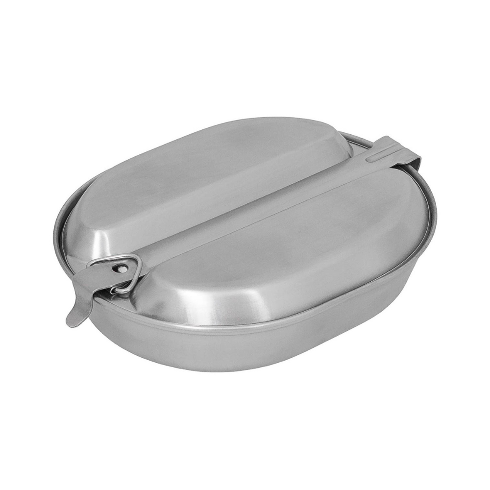 Vaiselle US en acier inoxydable 2 pièces MFH, comprenant une poêle de 20x16x4,5 cm avec poignée rabattable et une assiette divisée