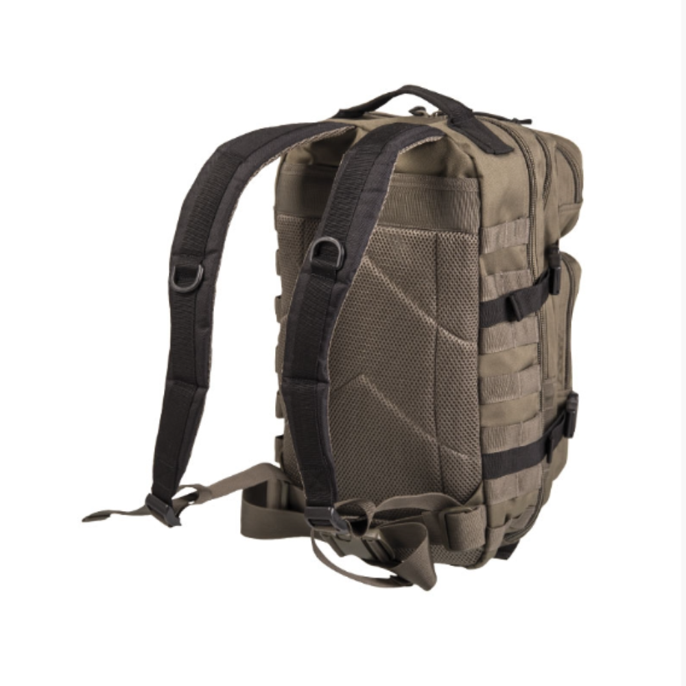 Petit sac à dos US Assault 20L bicolore vert et noir de Mil-Tec, en polyester avec rembourrage en mousse EVA, plusieurs compartiments et fixations-Molle.