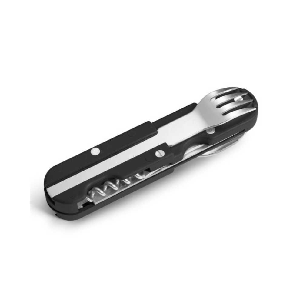 Multifonctions couteau de poche noir Le Bivouac® fabriqué en France par Tarrerias-Bonjean, avec manche ergonomique et système de glissières pour fourchette et