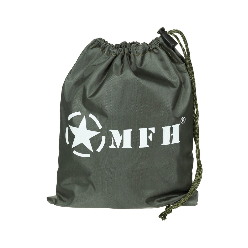 Hamac filet vert olive MFH compact et léger avec anneaux métalliques et cordes de fixation