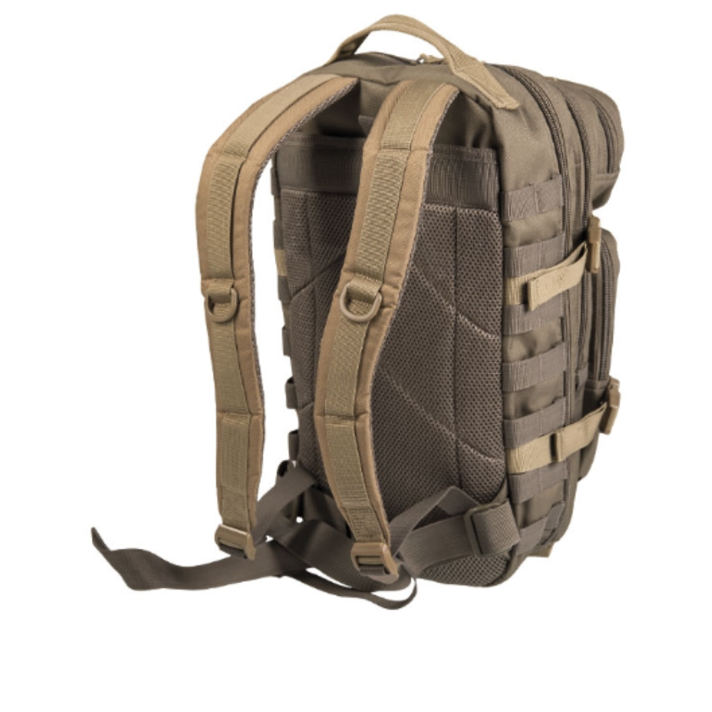 Sac à dos US Assault 20L bicolor vert/tan Mil-Tec, fait en polyester avec renforcement de dos, plusieurs compartiments et fixations-Molle