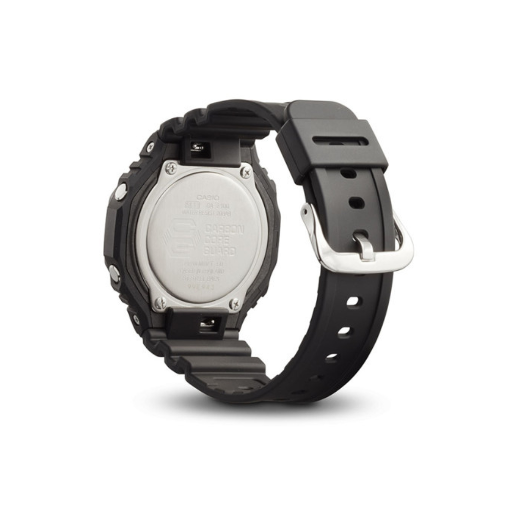 Montre-bracelet G-Shock GA-2100 noire et grise de Casio avec cadran en verre minéral et bracelet en résine, dotée de fonctionnalités comme un calendrier automatique, une