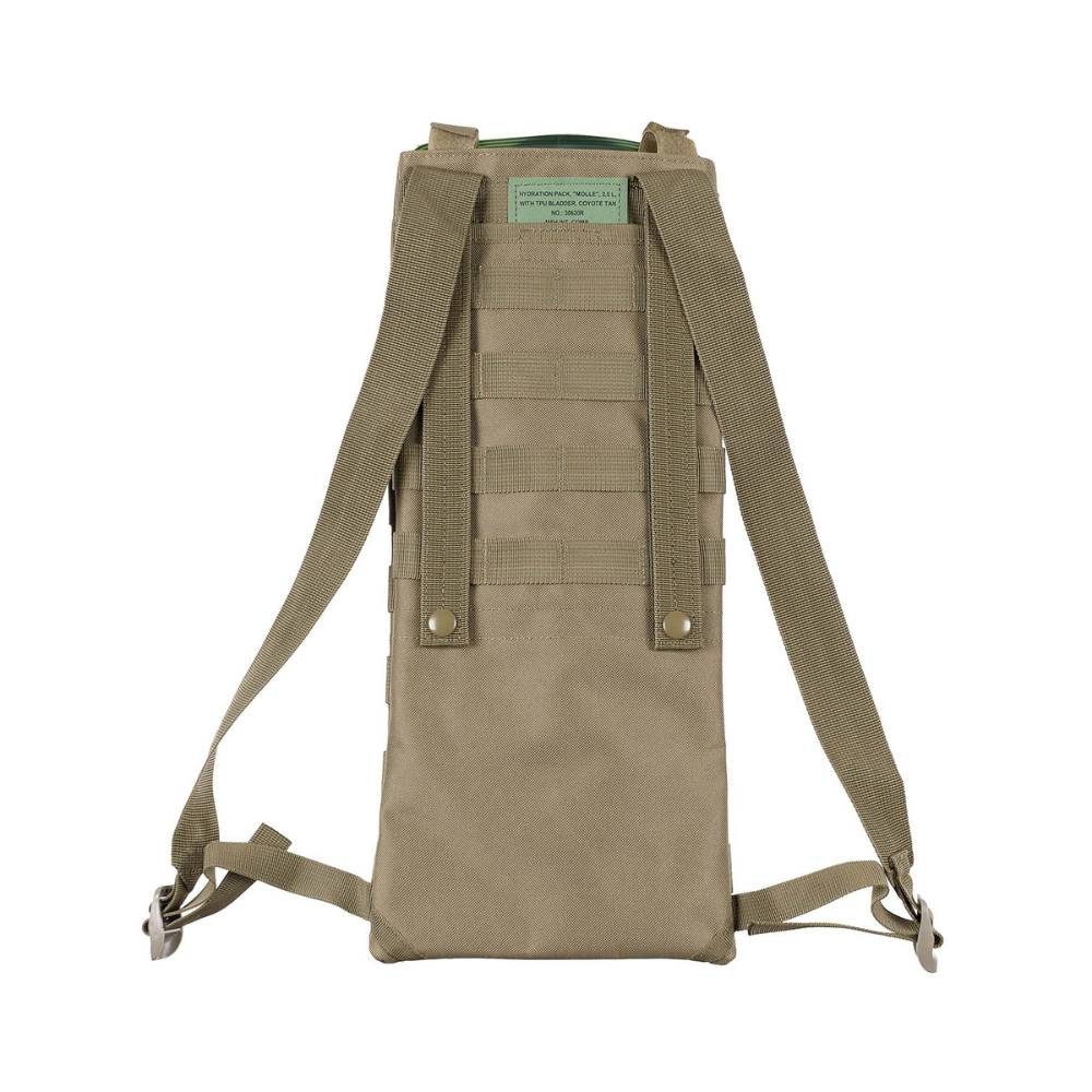 Poche d'hydratation Molle 2.5L avec pochette TPU Tan MFH, bretelles réglables, poche arrière à fermeture velcro, boucles de fixation Molle,