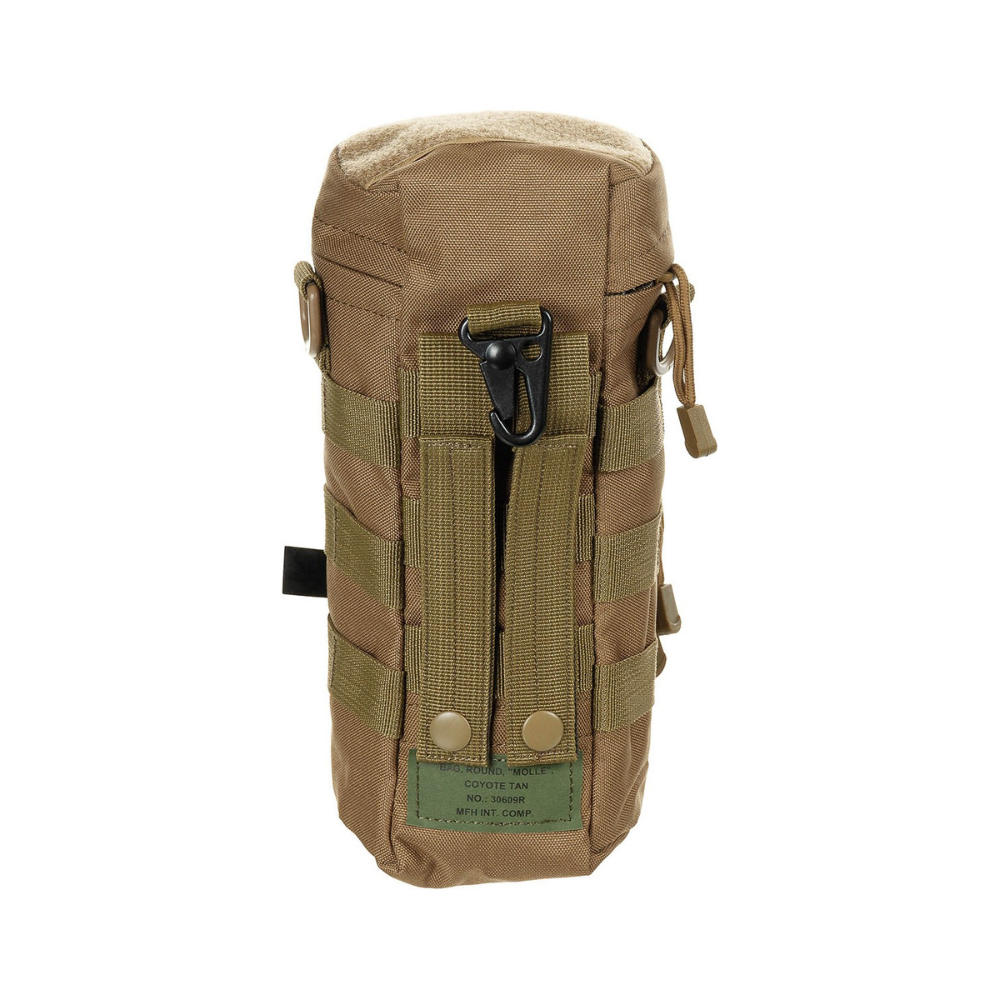 Sac rond Molle Coyote de MFH avec grand compartiment principal, poche frontale à fermeture éclair, bandes de velcro, anneaux en D et mousqueton en métal, fabriqué en