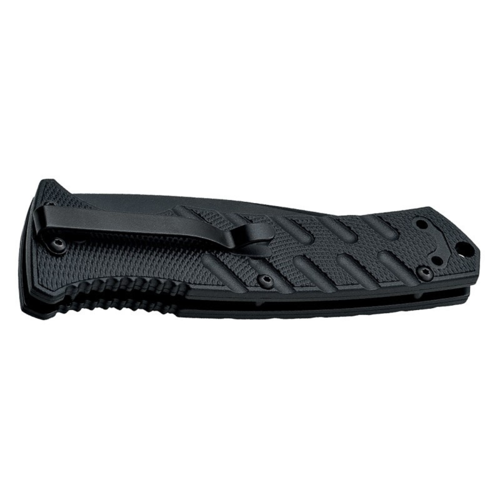 Le couteau pliant automatique Strike Tanto noir de Böker Plus avec une lame en acier AUS-8 et une poignée en aluminium pour une utilisation quotidienne