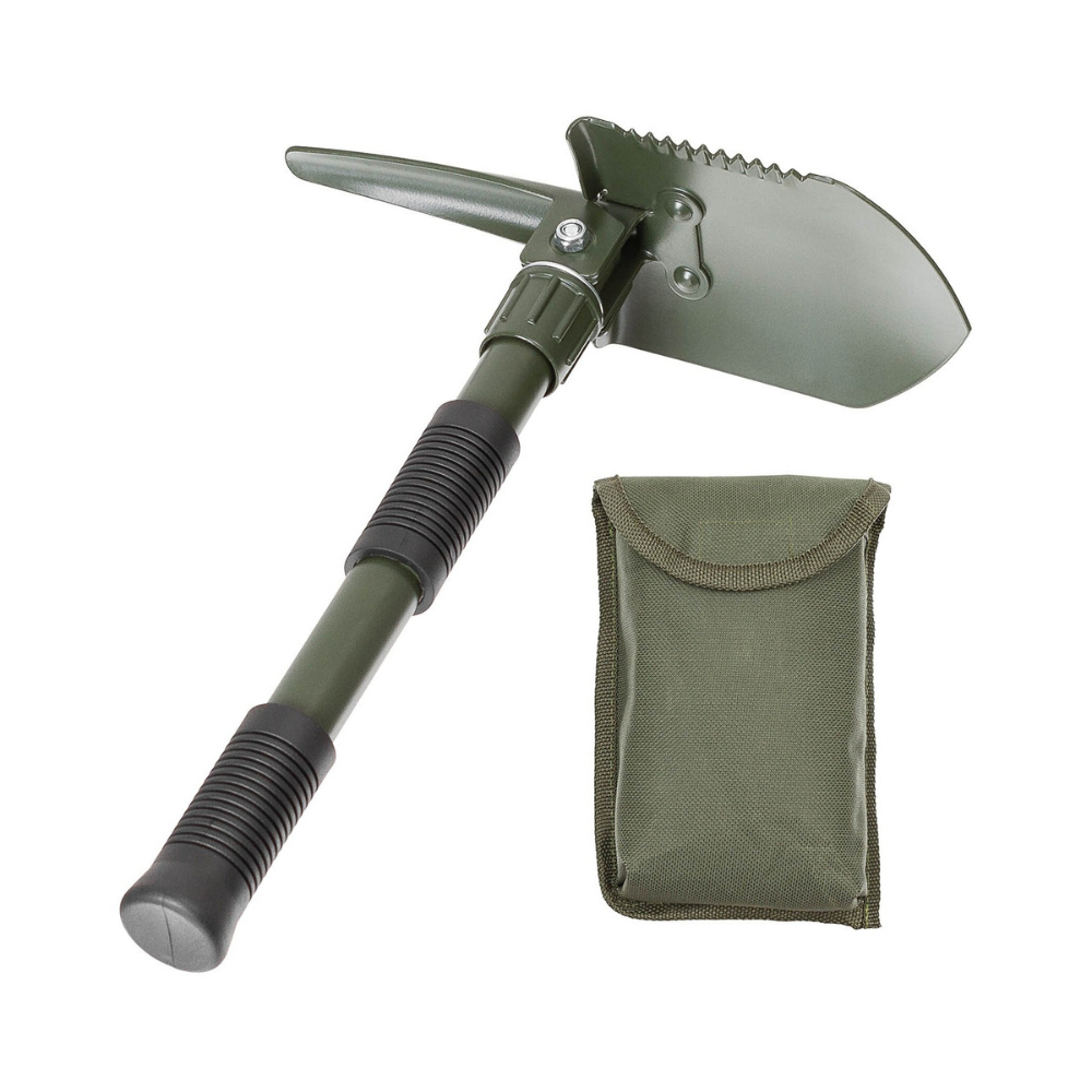 Olive green folding shovel MFH with multi-use as a shovel, saw, hoe, includes slip-resistant handle and pouch, dimensions 13x9.5cm, length 41cm, packaged size 16x10x6.5