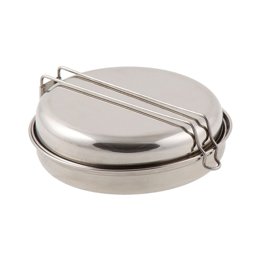 Set de cuisine en acier inoxydable 5 pièces MFH empilable incluant deux casseroles, un bol et un gobelet en plastique