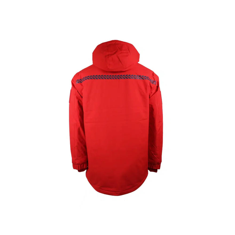 Parka rouge pour la sécurité incendie GK Safetek, résistante et confortable, avec isolation thermique et tissu imperméable.