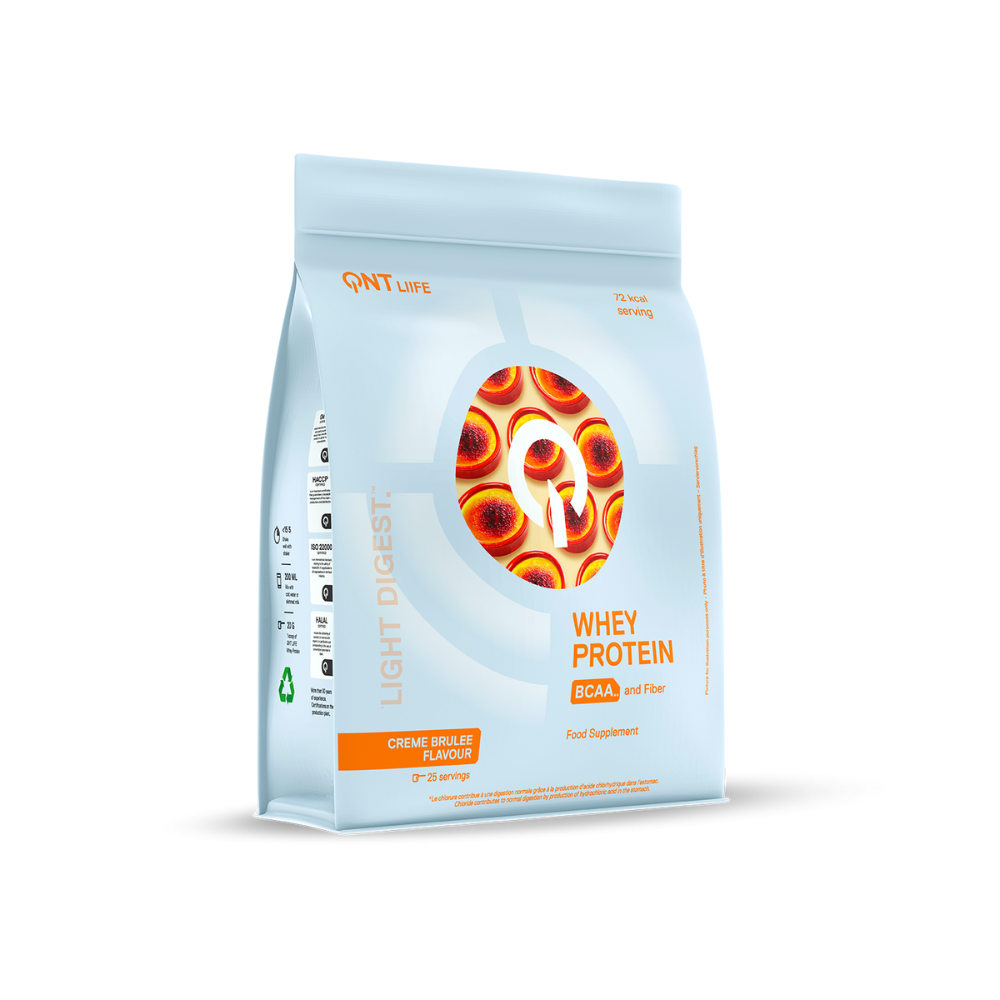 Paquet de protéine Whey Light Digest saveur crème brûlée de QNT pour amélioration des performances sportives et perte de poids