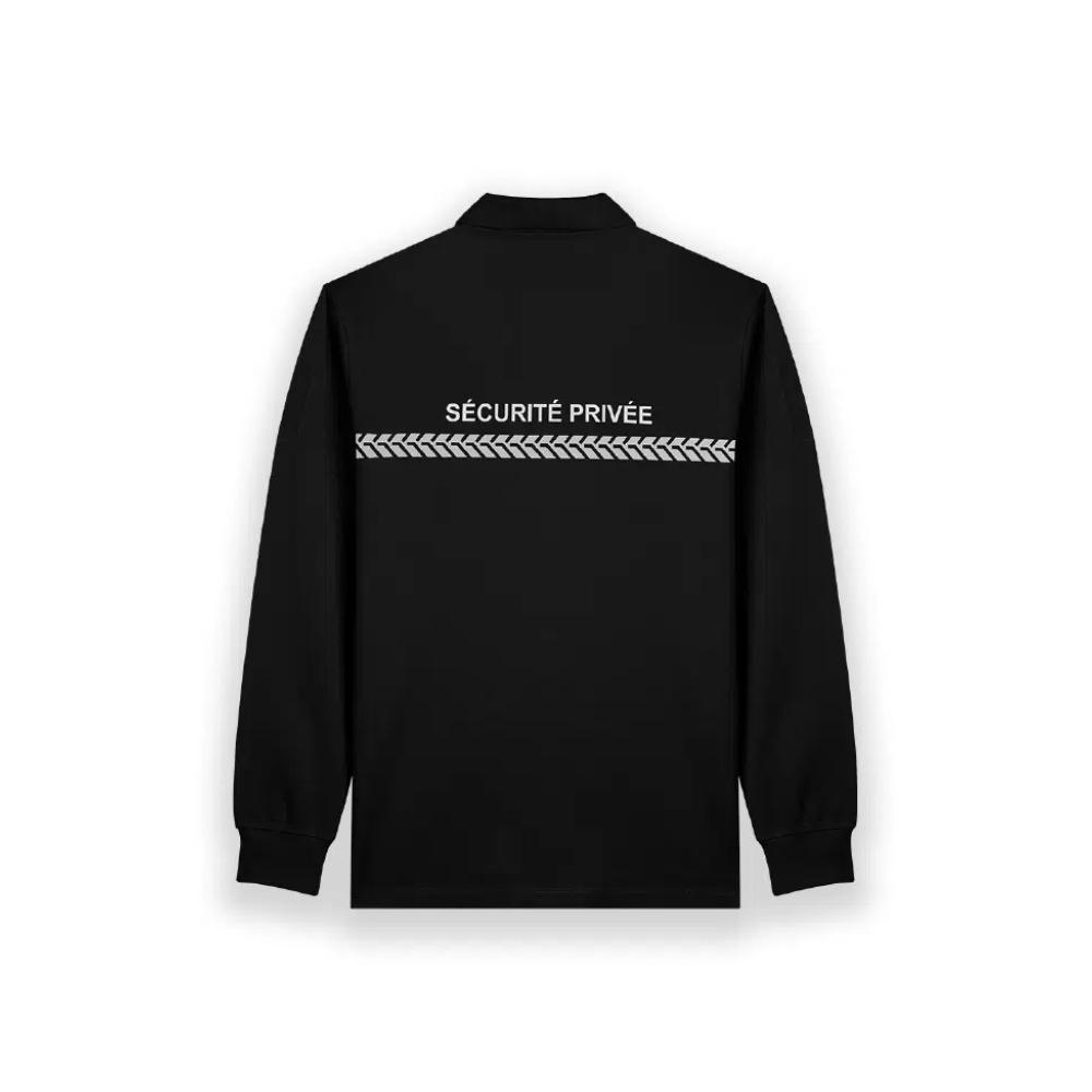 Polo noir à manches longues pour sécurité privée avec bande grise, marquage et logo rétroréfléchissant – GK SAFETEK®