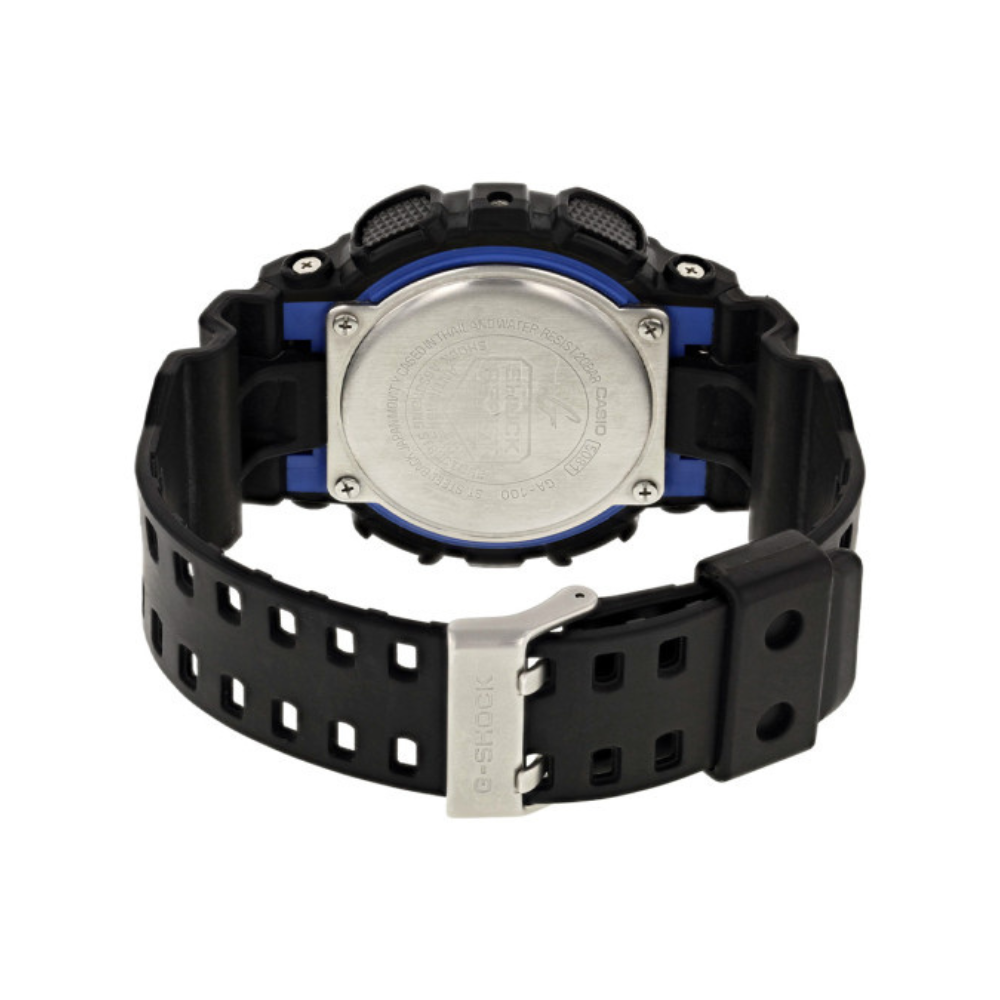 Montre G-Shock GA-100 noir/bleu de Casio avec cadran en verre minéral et bracelet en résine, affichages LCD, résistance magnétique et multiples fonctions