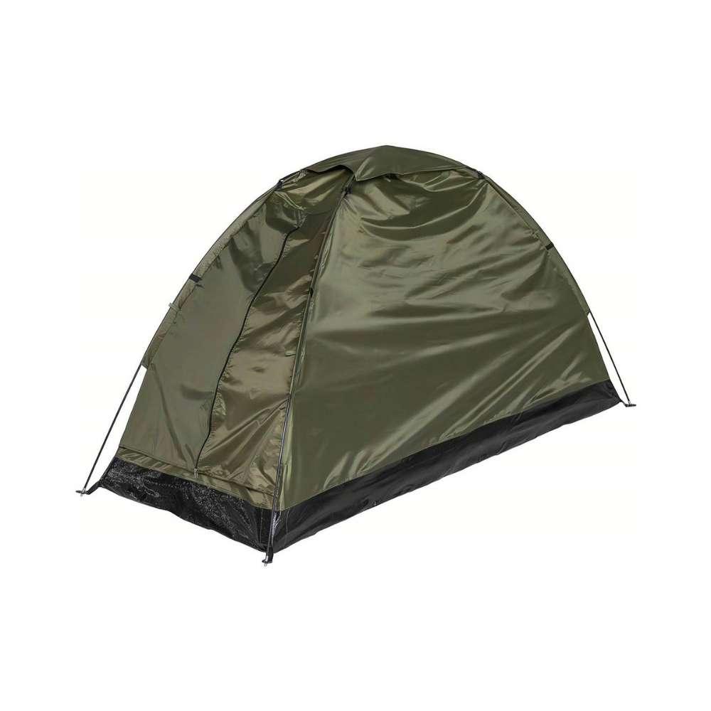 Monodome 1 place de couleur vert olive de MFH avec moustiquaire, poteaux en fibre de verre, sol en tissu PE robuste, toit ventilé et sac de transport