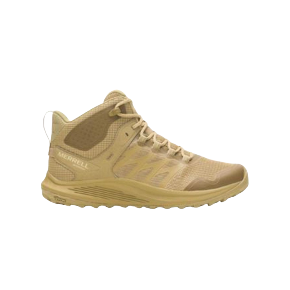 Chaussures de plein air imperméables Nova 3 Tactical Mid Coyote de Merrell avec tige en maille anti-humidité, lacets recyclés et semelle Vibram pour une traction optimale.