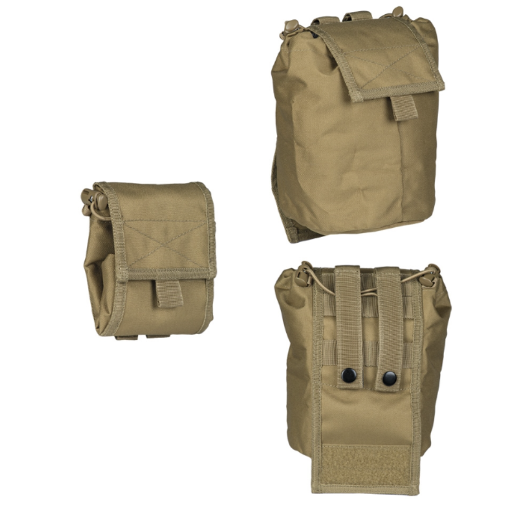 Poche délestage Mil-Tec en polyester, pliable et compacte en couleur coyote, avec système de fixation Molle et dragonnes avec boutons-pression