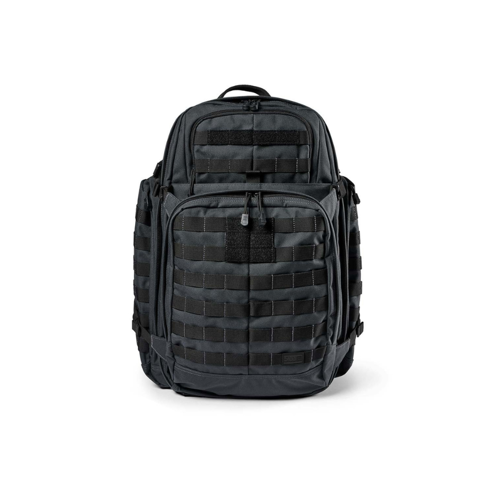 Sac à dos tactique Rush 72 de 5.11, noir, résistant à l'eau, de 55 litres avec nombreux compartiments et poches, idéal pour des missions de plus de 36 heures.