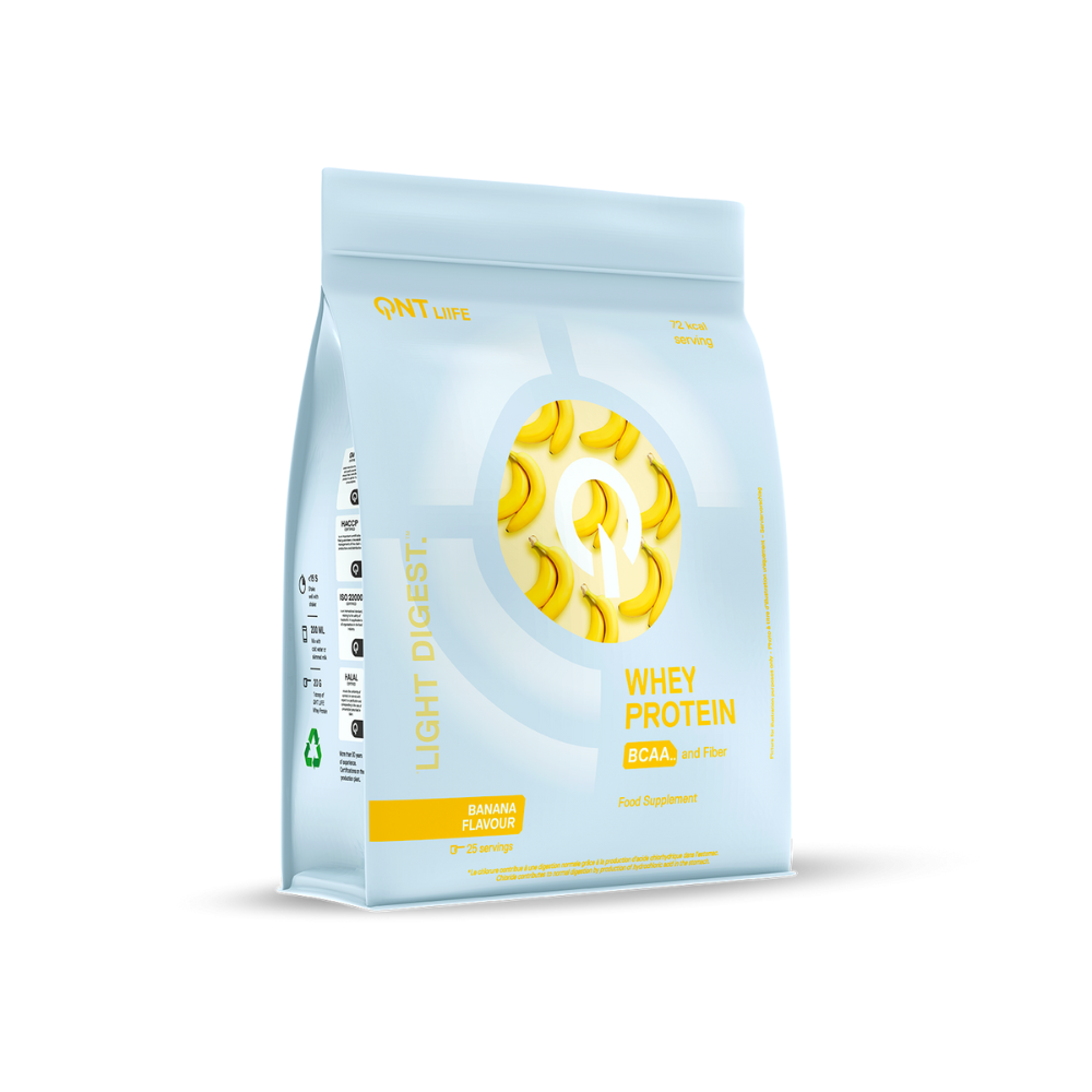 Pot de protéine Whey Light Digest saveur banane par QNT pour améliorer les performances sportives, favoriser le développement musculaire et aider à la perte de poids