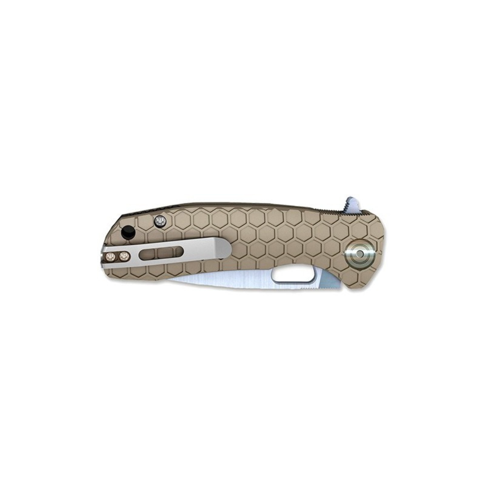 Couteau pliant Flipper Tan Medium de la marque Honey Badger avec manche décor nid d'abeille et lame drop point en acier