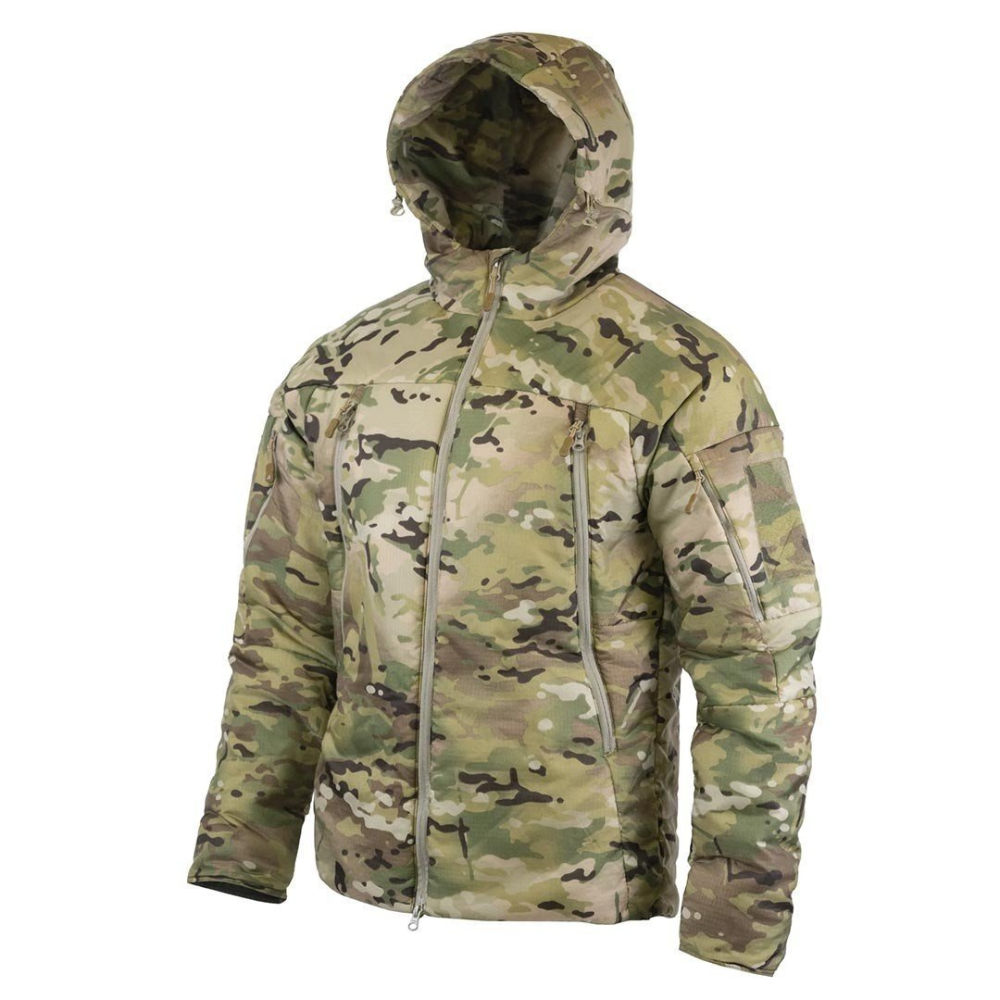 Veste isolante Parka Vulcan B474 Multicam de la gamme Arktis Elite avec isolation PrimaLoft Gold, extérieur en nylon MiniRip résistant à l'eau, et capuche réglable