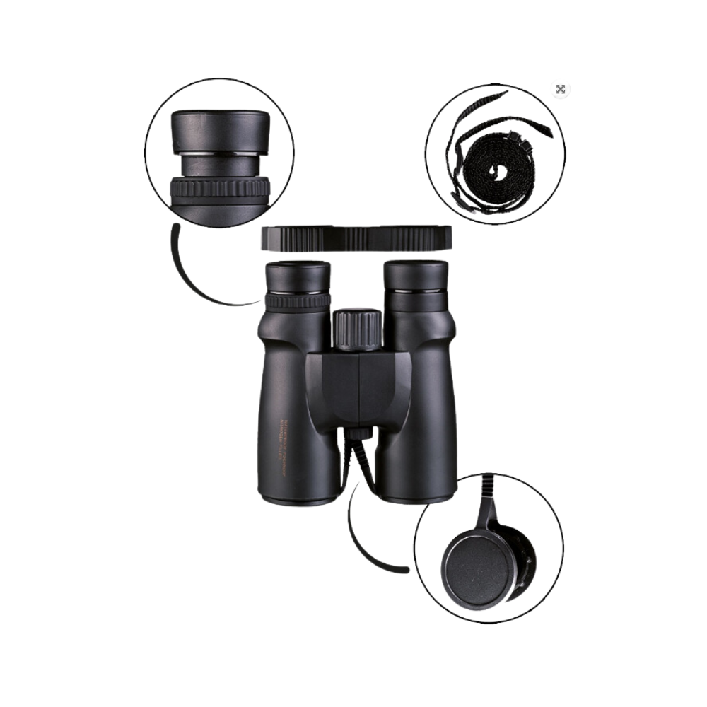 Jumelles 8x42 étanches noires Mil-Tec avec boîtier étanche, lentilles traitées multicouche, réglage dioptrie et accessoires inclus