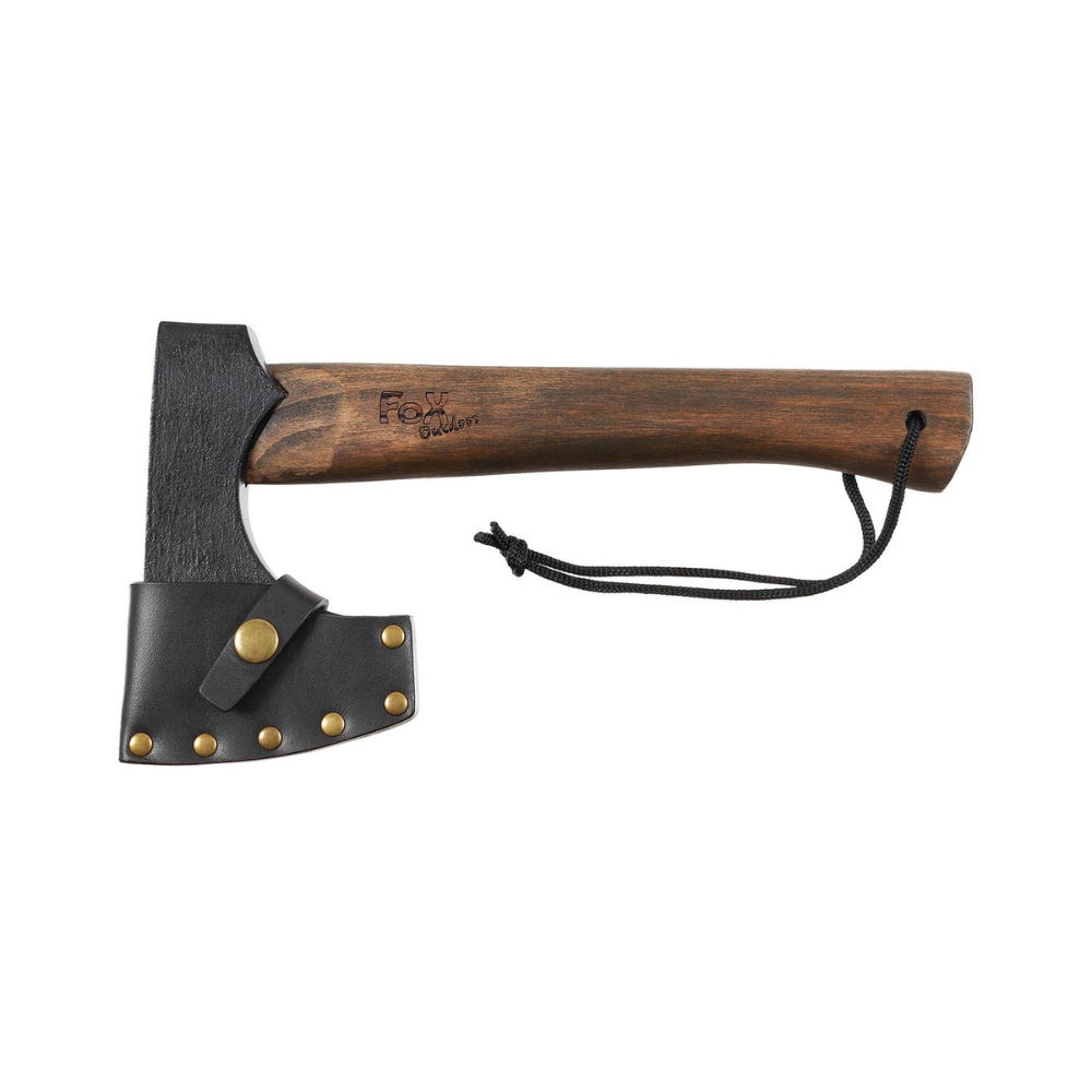 Hache viking MFH avec tête en inox noircie, manche en bois de frêne et fourreau en cuir riveté