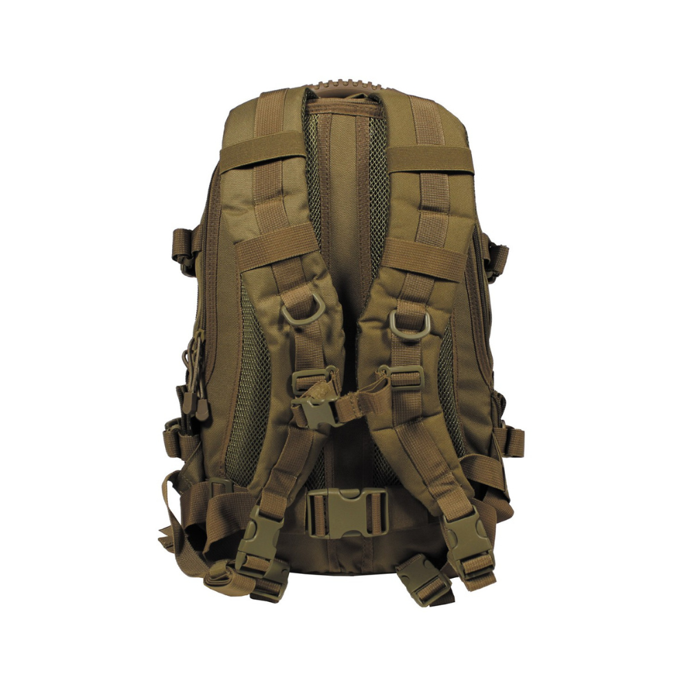 Sac à dos Aktion 30L Coyote MFH en polyester résistant avec bretelles rembourrées, sangles ajustables et multiples poches