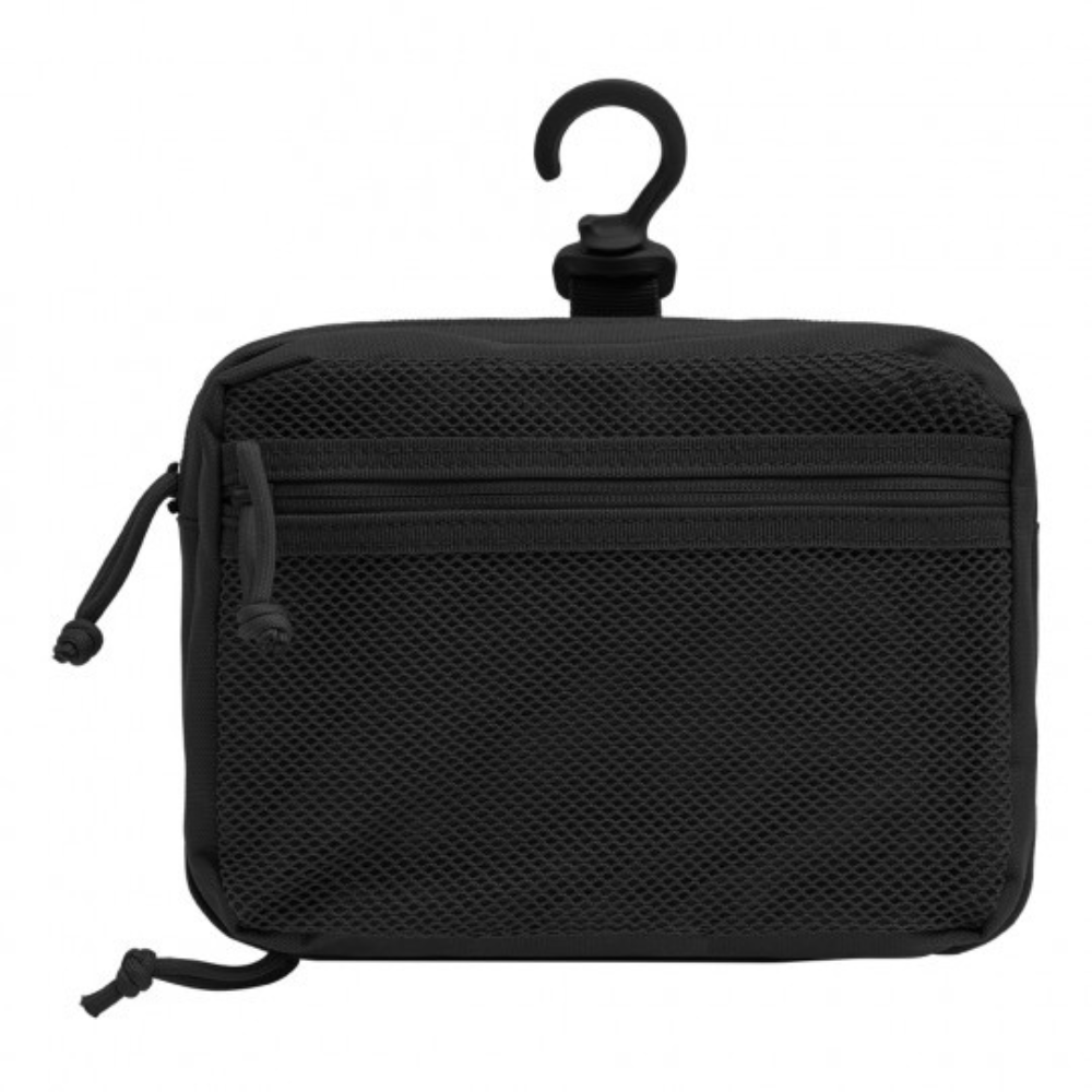 Robuste trousse de toilette Transall noire d'A10 Equipment, fabriquée en tissu polyester résistant, avec crochet pivotant et plusieurs poches pour un rangement optimisé.