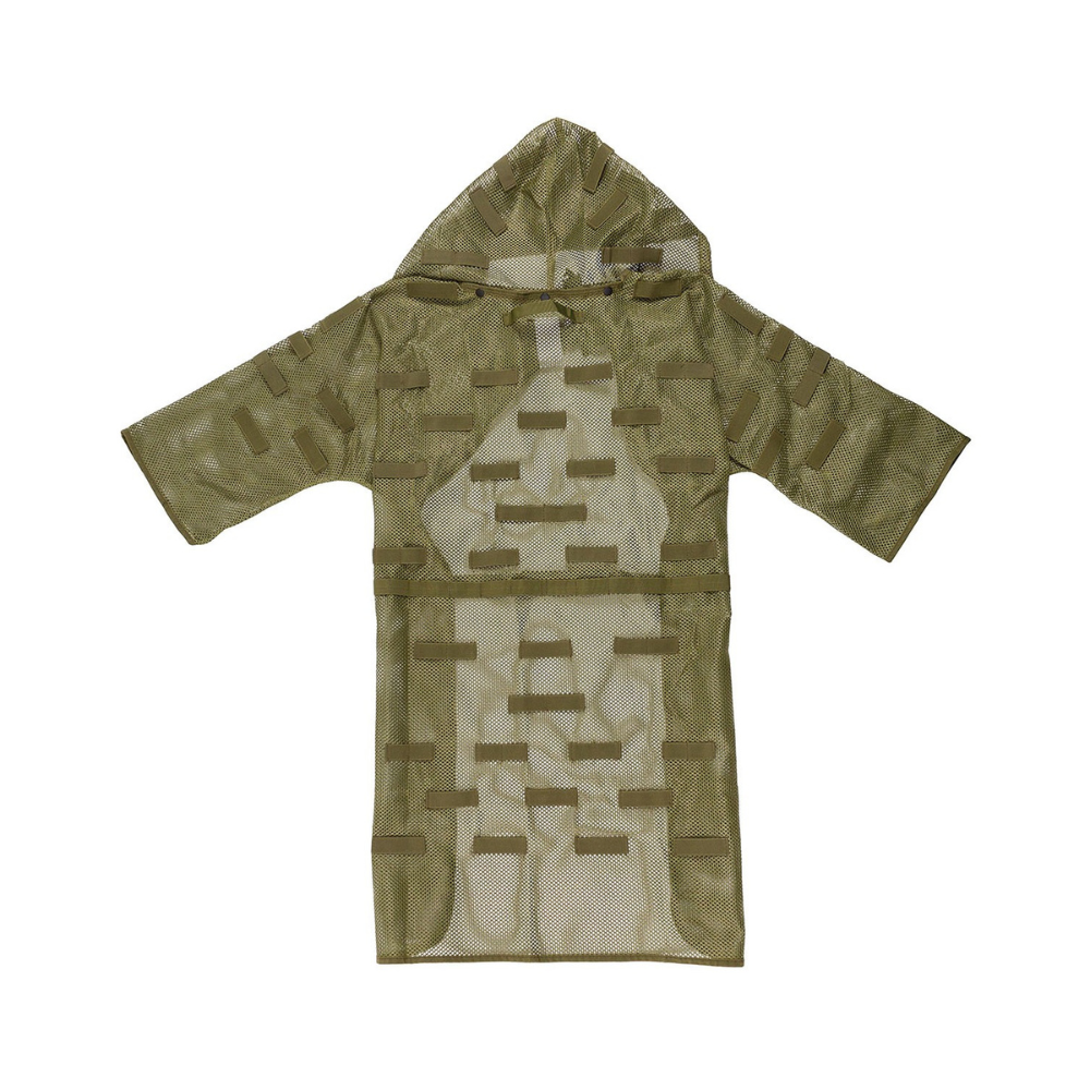 Manteau à filet de camouflage olive MFH avec fermeture à clic frontale, capuche amovible, cordon élastique, passants multiples et sac de transport, en nylon 100%