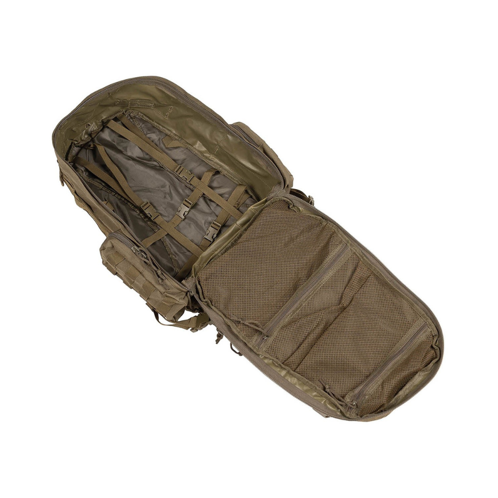 Sac à dos tactique modular 45L Coyote MFH avec poches multiples, sangles MOLLE, bretelles ajustables, compartiment principal rabattable, et partie dorsale rembourrée.