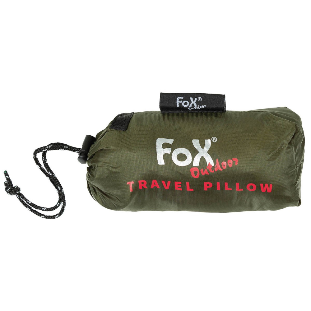 Oreiller gonflable compact vert Fox Outdoor avec housse en nylon Micro-Rip Stop, rembourrage synthétique, et noyau d'air léger, dimensions de 40 x 30 x 1 cm et poids