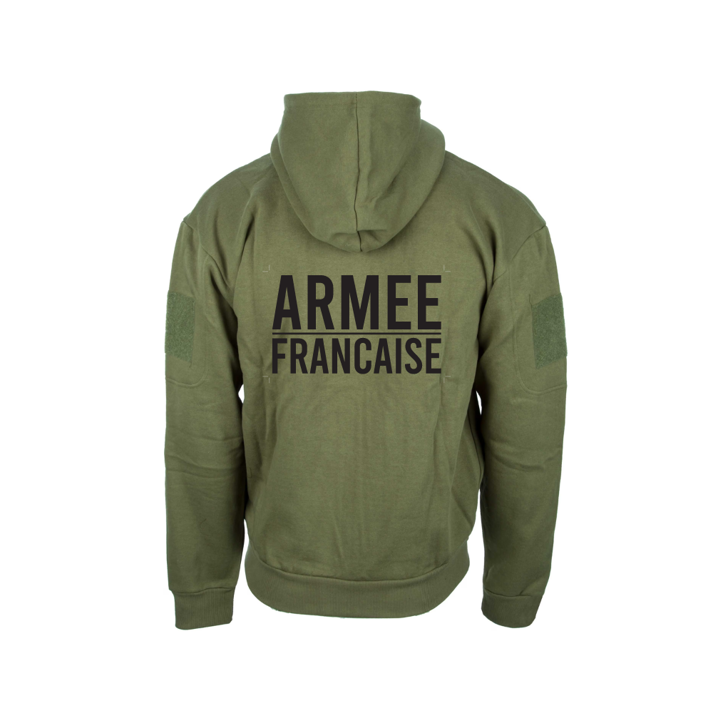 Véritable sweat de l'armée française en coton et polyester avec capuche, poches latérales et sur le bras