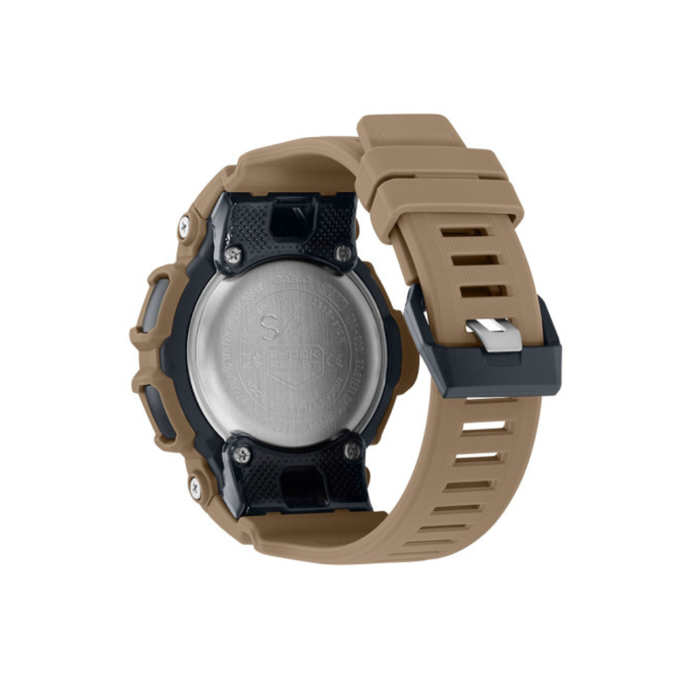 Montre sportive connectée G-SHOCK GBA-900 de CASIO avec cadran en verre minéral, bracelet en résine, synchronisation Bluetooth, podomètre et fonction recherche du téléphone.