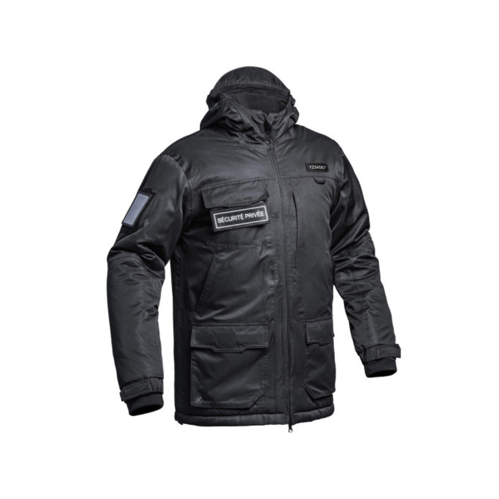 Parka Hardshell SÉCU-ONE WF 150 noire dédiée à la sécurité privée avec technologie HEAT PROTECT et HARD-SHELL de A10 Equipment