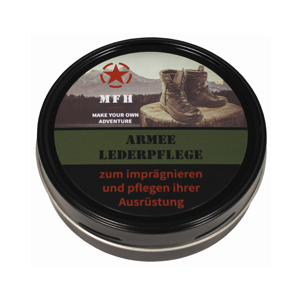 Cirage pour chaussures noir 'ARMY' 150ml de MFH, idéal pour tout type de cuir et membrane respirante, haute qualité, hydrofuge