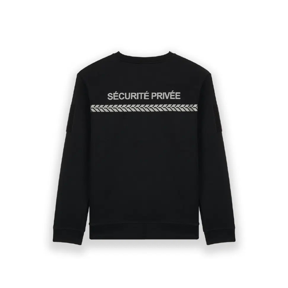 Confortable sweat noir Sécurité Privée de la marque GK SAFETEK® avec bande grise, marquage rétroréfléchissant et poignets élastiqués