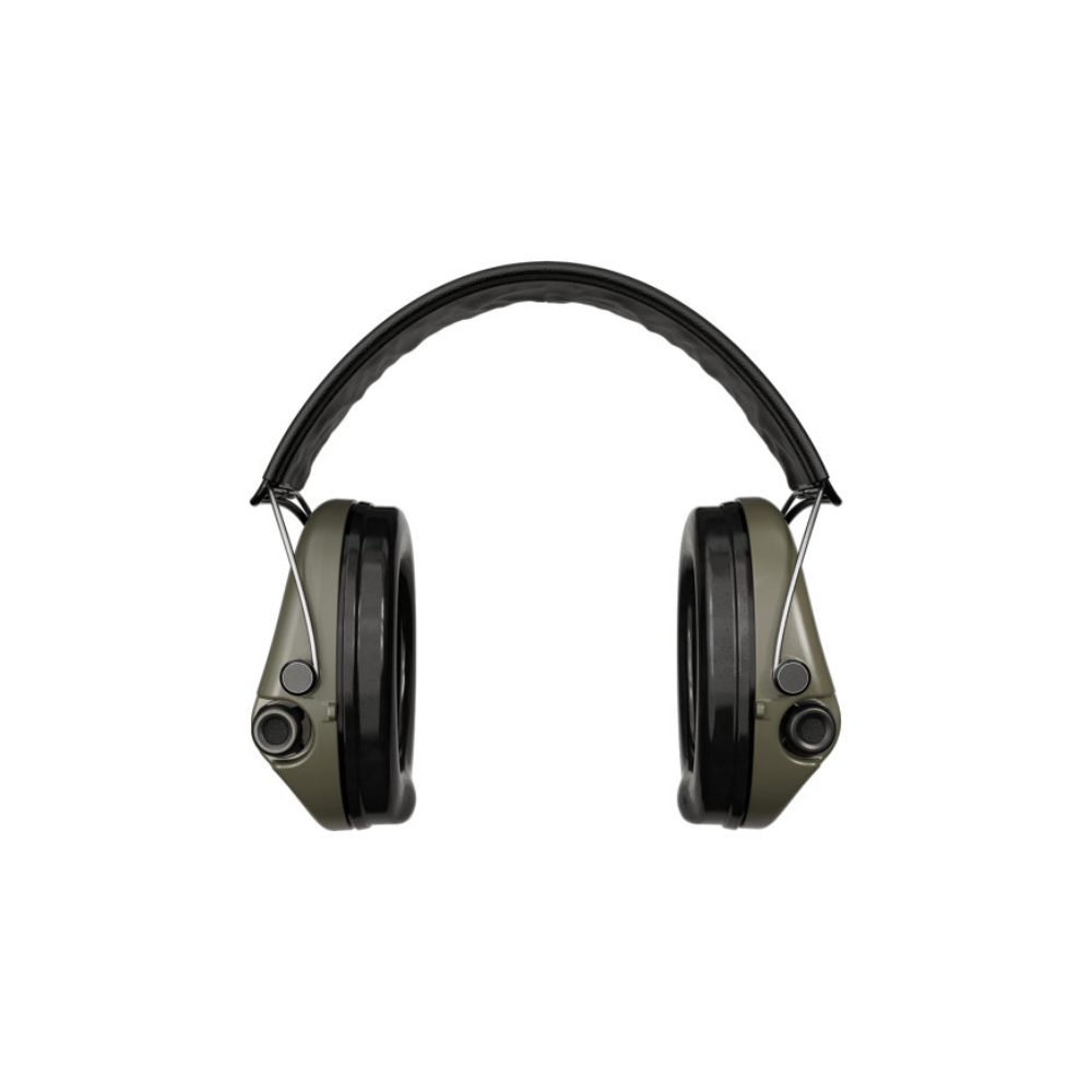 Supreme Pro vert olive, casque anti-bruit avec serre-tête cuir noir de MSA Sordin, doté de microphones, amplification sonore et connectivité auxiliaire.