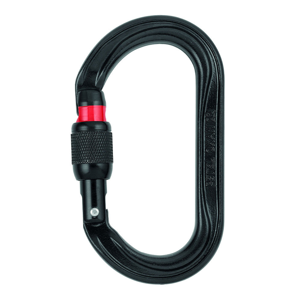 Robuste mousqueton OXAN SCREW LOCK noir de PETZL, optimisé pour une utilisation en environnements difficiles avec un verrouillage manuel à vis.