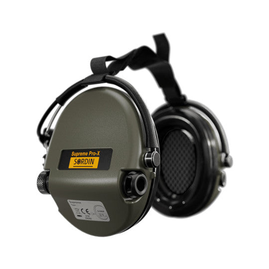 Image du casque anti-bruit Pro-X Supreme Serre-Nuque de Sordin, adapté pour un usage sous un casque tactique, avec option de Kit Gel Silicone pour une réduction de 5%