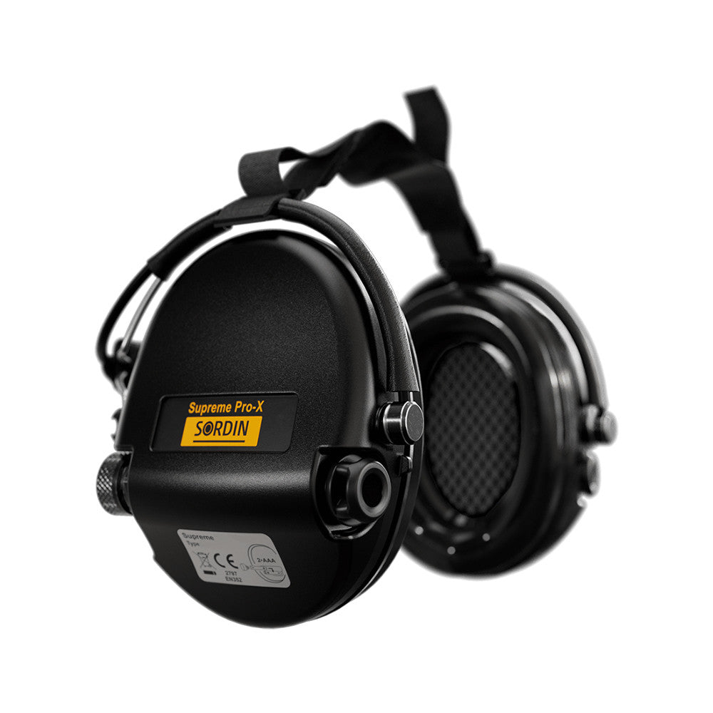 Image du casque anti-bruit Pro-X Supreme serre-nuque de Sordin, adapté pour port sous un casque tactique, avec système de réduction de bruit et amplification des sons faibles, serre-n