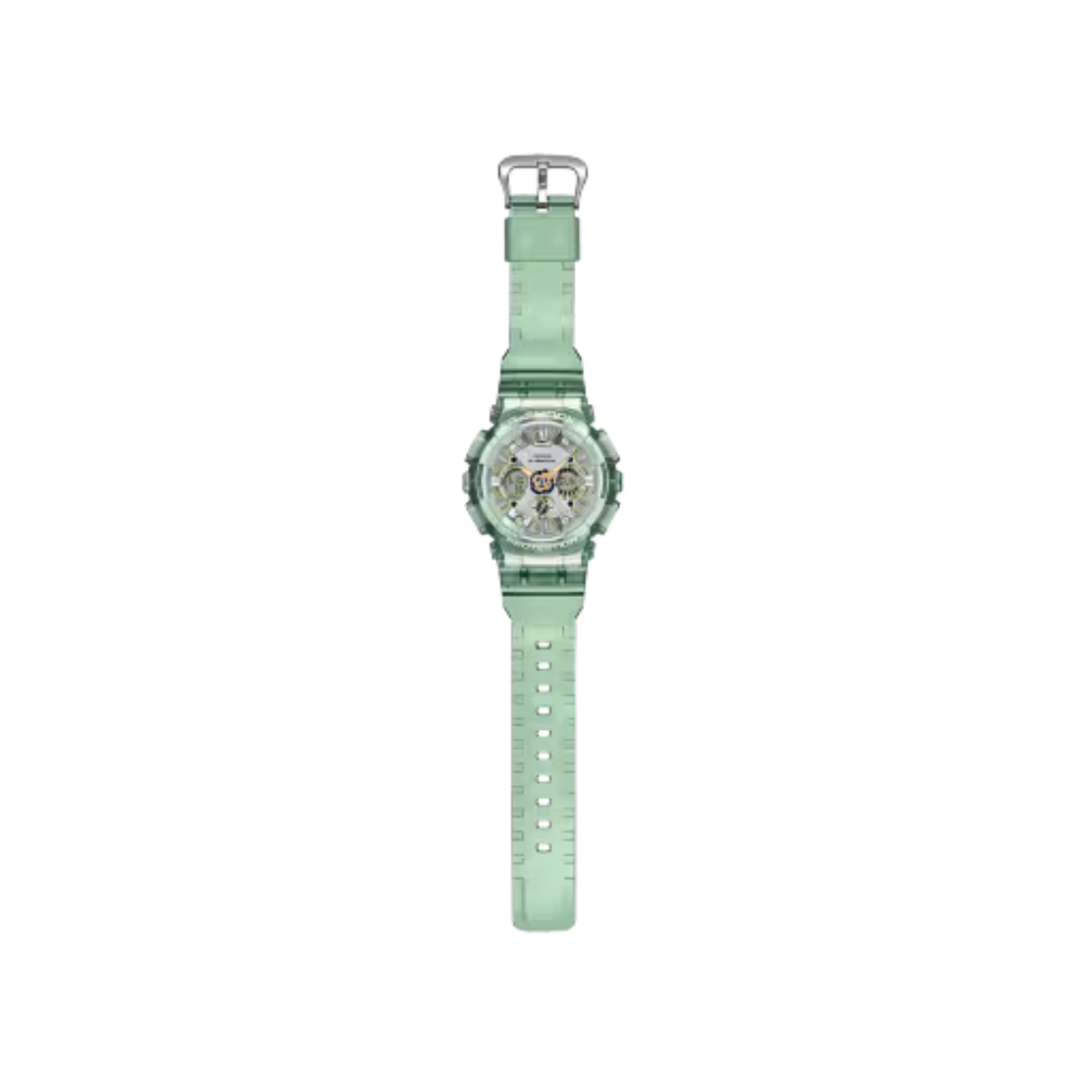 Montre G-Shock GMA-S120GS-3AER verte métallique de Casio avec un design compact et moderne, bracelet et boîtier transparents, cadran bicolore or et argent