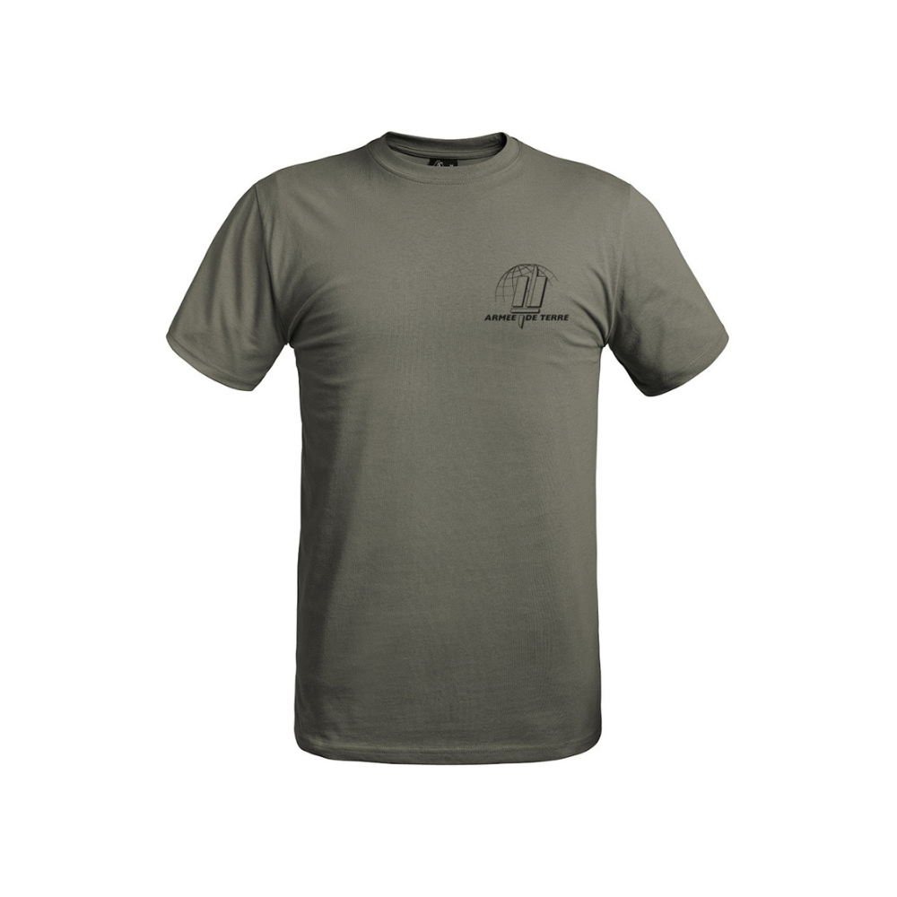 T-shirt Armée de Terre vert olive en coton résistant, logo Armée de Terre sur le cœur et le dos, tailles XS à 3XL