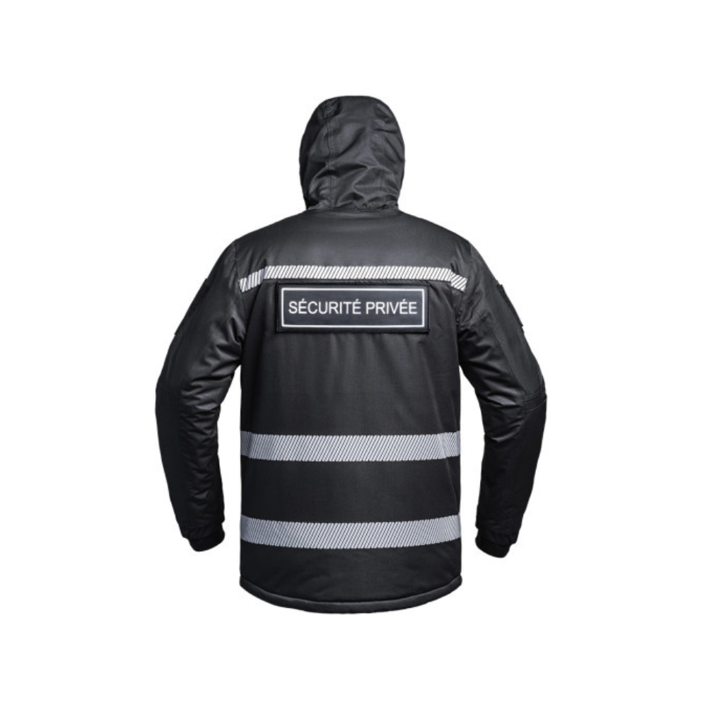 Parka noire Hardshell Sécu-One pour sécurité privée avec technologie Heat Protect et Hard-Shell, bandes rétro-réfléchissantes HV-Tape pour une visibilité optimale, signée A