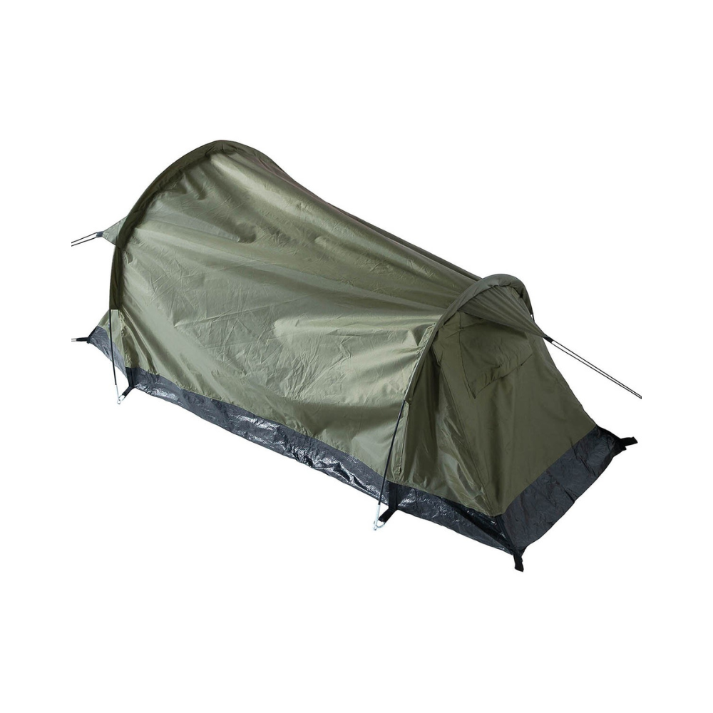 Une tente tunnel MFH pour 2 personnes en vert olive avec moustiquaire, tapis de sol imperméable et sardines en acier.