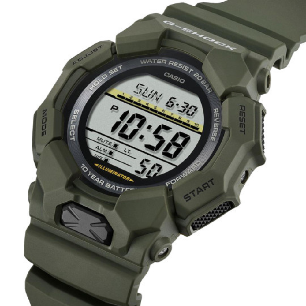 Montre numérique G-Shock GD-010 de Casio avec éclairage LED, calendrier automatique, multi-horaires, chronomètre, cinq alarmes quotidiennes, et étanche jusqu'à 20 bars