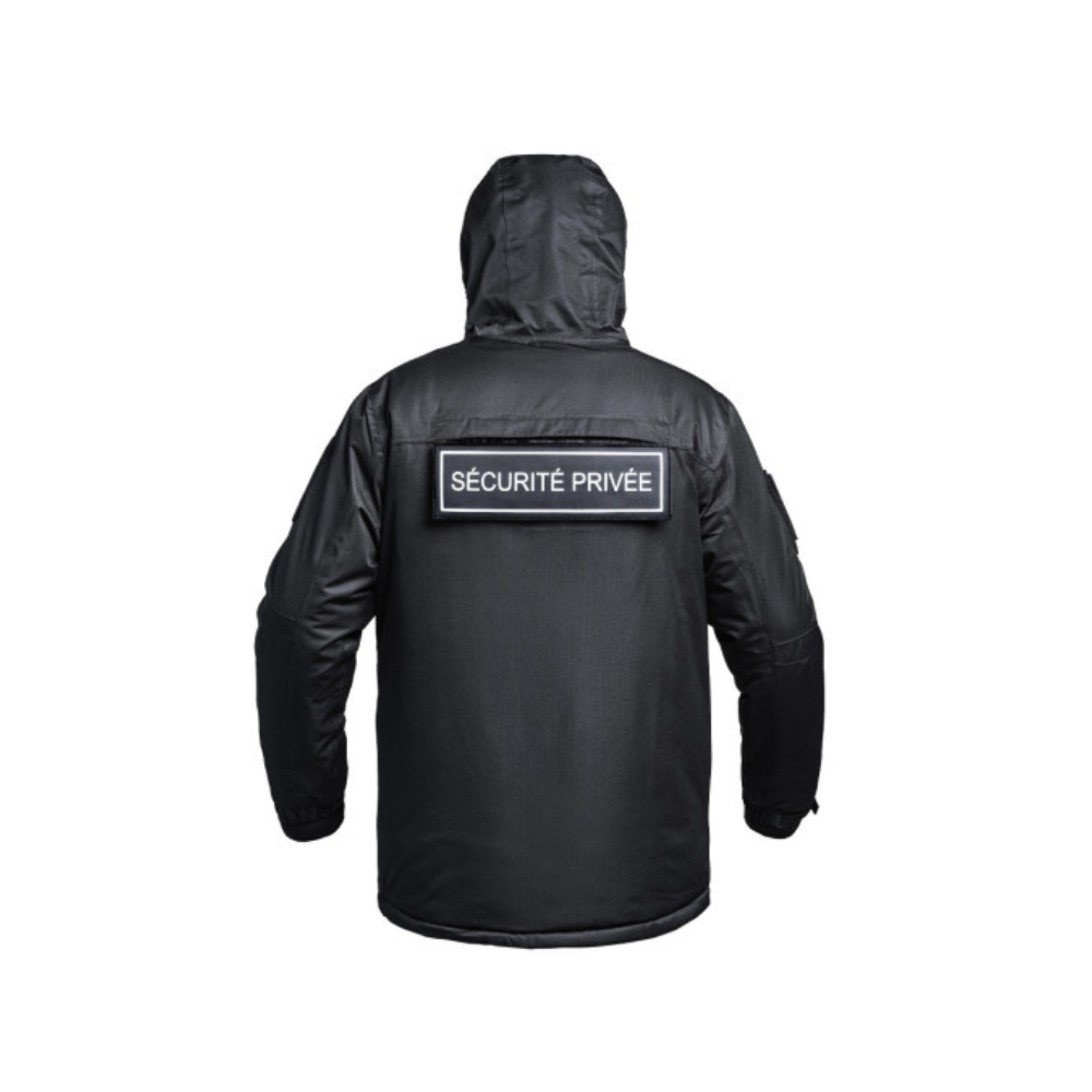 Parka noire Hardshell SÉCU-ONE WF 150 flap pour sécurité privée offrant résistance et ergonomie, de A10 Equipment