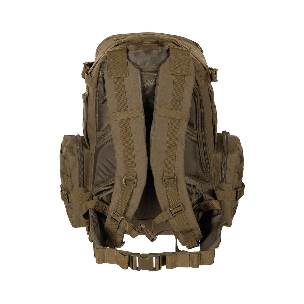 Sac à dos tactical modular 45L Coyote MFH avec diverses poches, sangles de MOLLE, bretelles rembourrées et ajustables, et compartiment principal pour hydratation et alimentation.