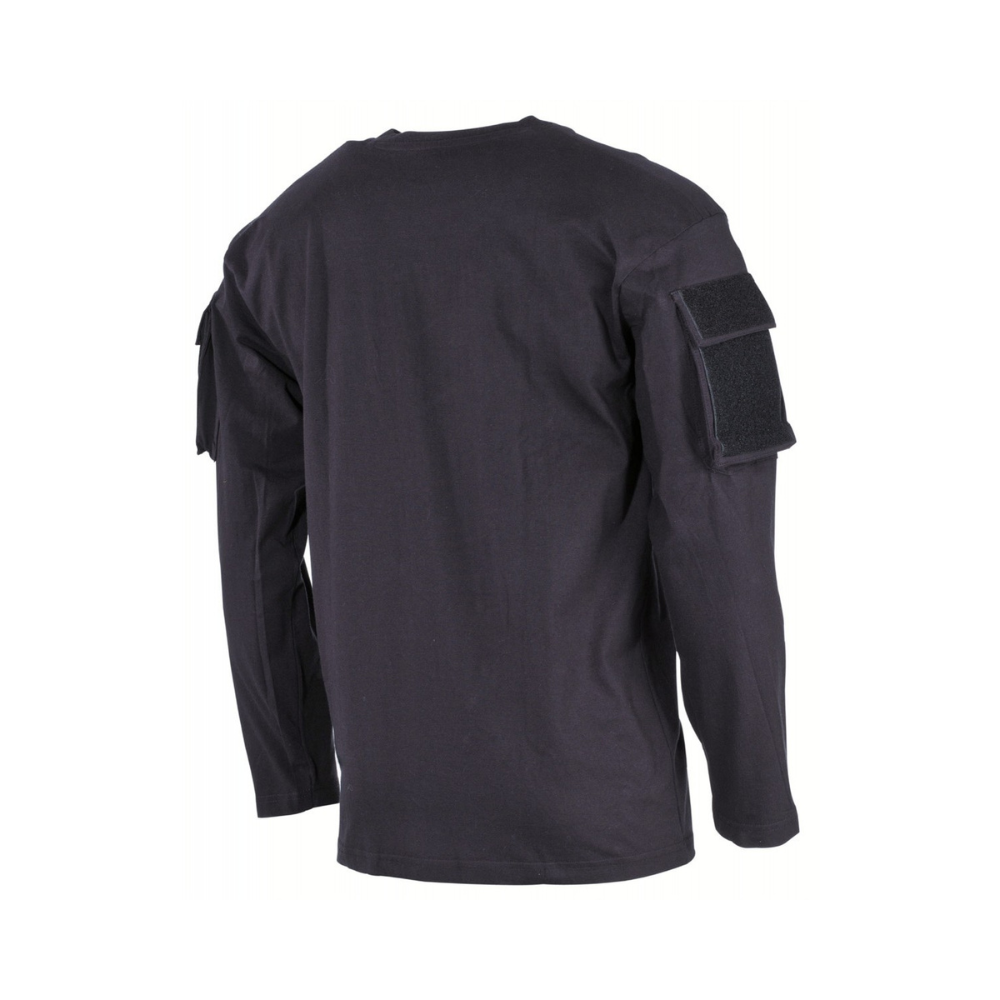 Alt tag: Homme portant un T-shirt tactique US à manches longues MFH en coton, avec deux poches sur les manches et un col rond renforcé